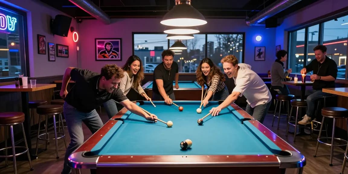 Billiards Mississauga scene with friends enjoying a vibrant sports bar game, colorful atmosphere and engaging interaction.