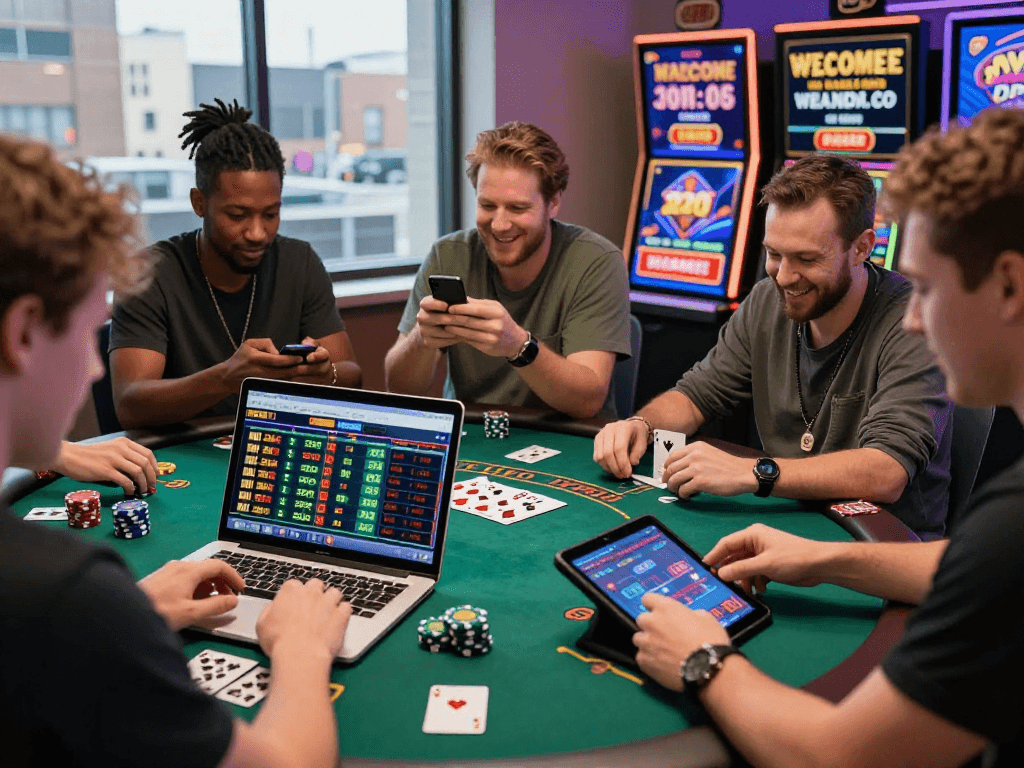 Engaging online gambling scene with diverse players enjoying sports betting, slots, and poker while gambling online in Canada.