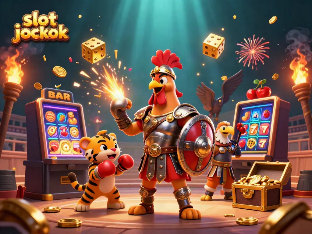 Experience the excitement of the slot jackpot with a dynamic 3D illustration of gaming elements and characters.
