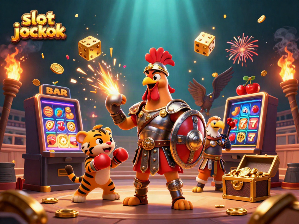 Experience the excitement of the slot jackpot with a dynamic 3D illustration of gaming elements and characters.