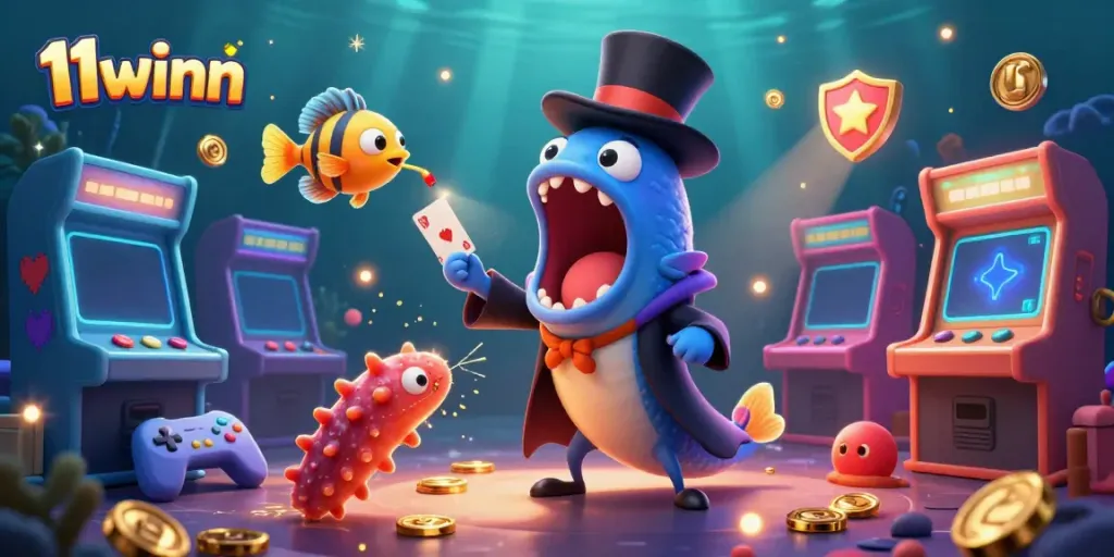 Engage with 11winn's vibrant underwater casino, featuring unique characters showcasing thrilling card tricks.