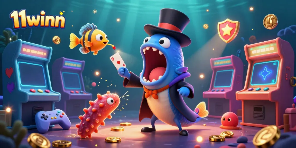 Engage with 11winn's vibrant underwater casino, featuring unique characters showcasing thrilling card tricks.