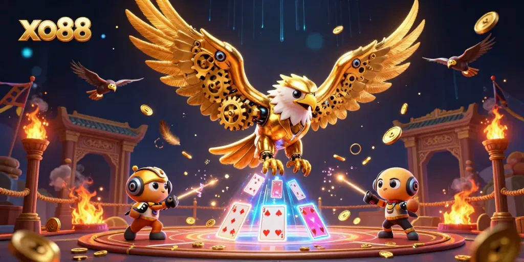 Experience immersive gameplay with xo88 in this vibrant 3D casino scene featuring golden eagles and holographic cards.