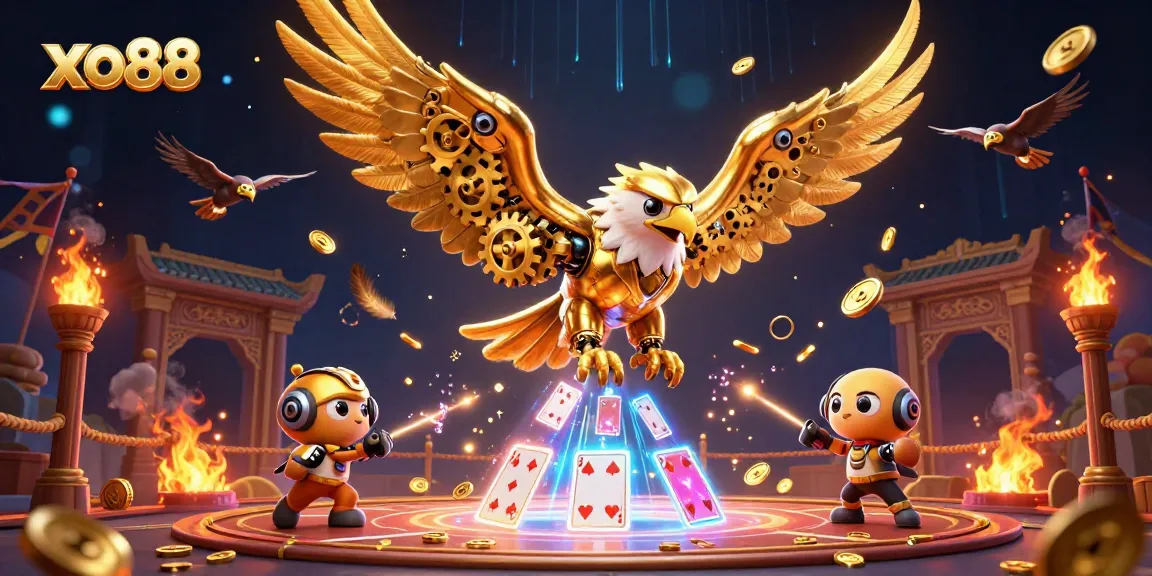 Experience immersive gameplay with xo88 in this vibrant 3D casino scene featuring golden eagles and holographic cards.