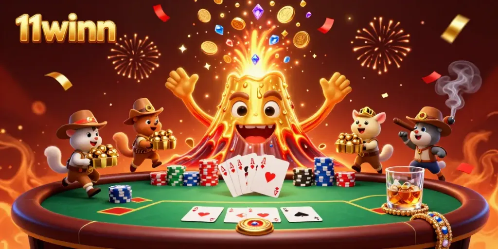 Experience thrilling 11winn casino action with a golden volcano erupting treasures amidst poker excitement.