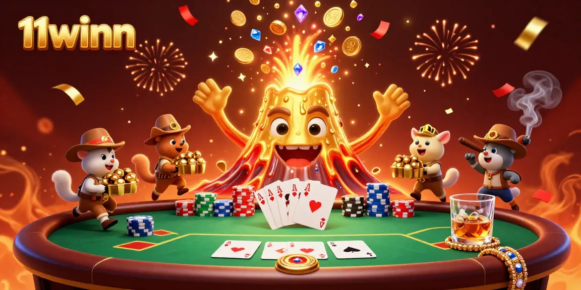 Experience thrilling 11winn casino action with a golden volcano erupting treasures amidst poker excitement.