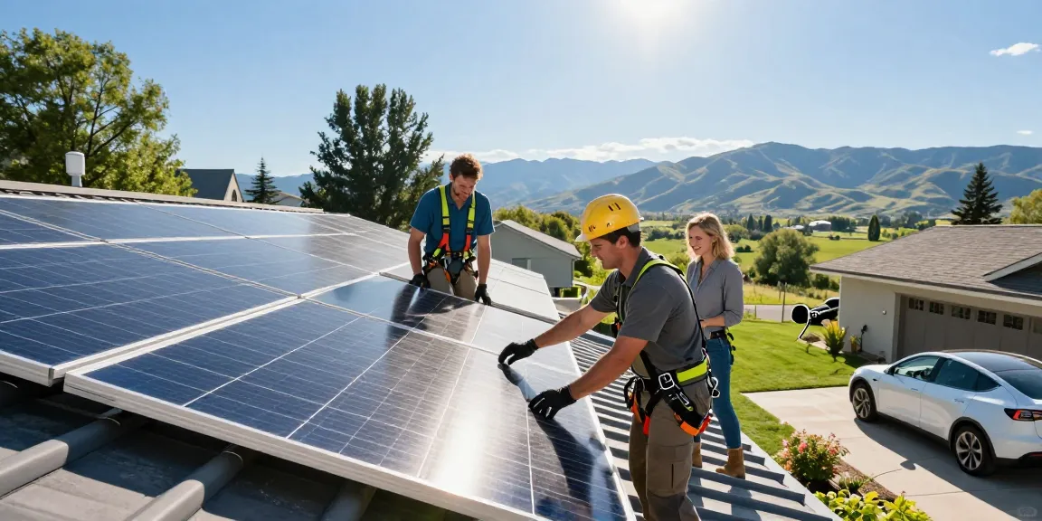 Solar company Okanagan technician installing solar panels on a home in a scenic green valley.