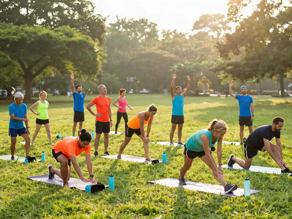 Group of runners preparing for a jog, showcasing streek reviews of fitness community.