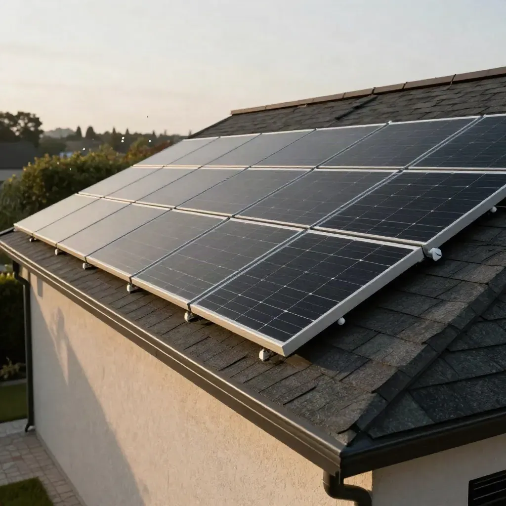 Black solar panels climbing a pitched roof, seen low from a driveway with neat rails and conduit.