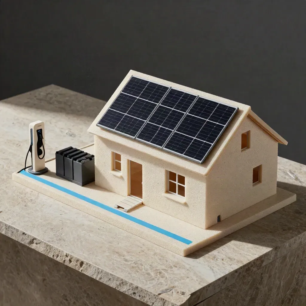 Foam-core farmhouse solar site model with panel rows, battery block, and EV charger on stone