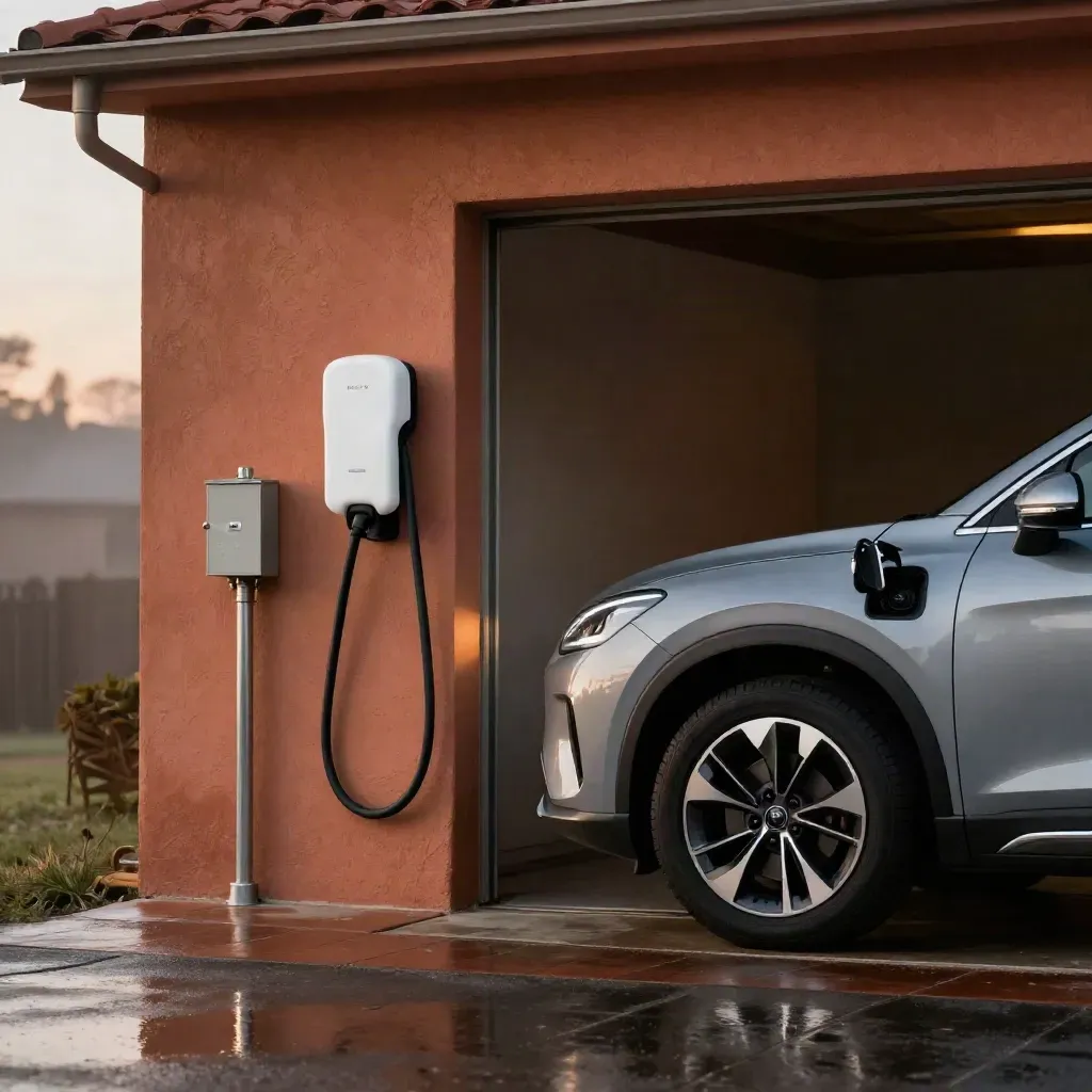 EV charger beside a plugged-in electric crossover in a damp garage driveway at dusk