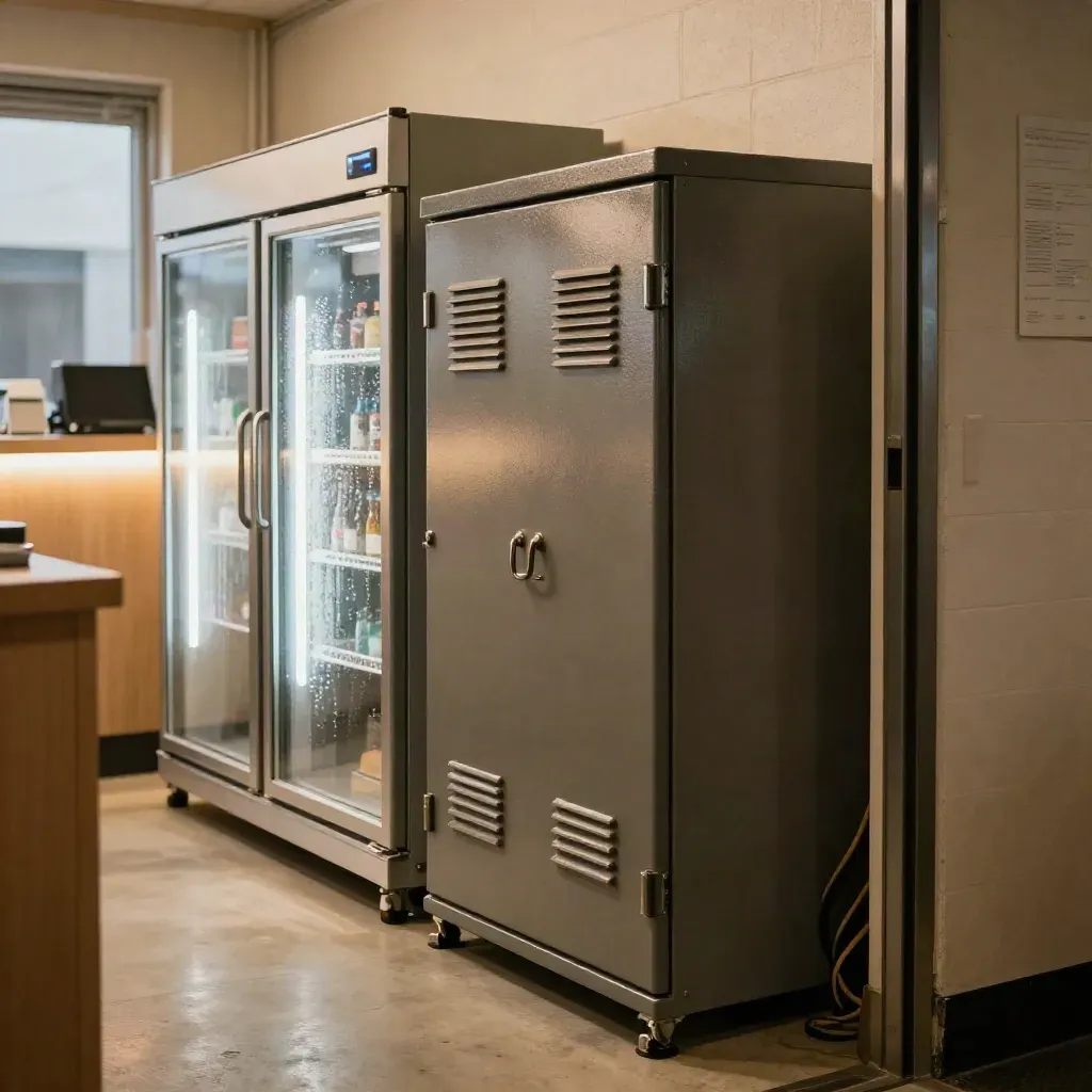Backup battery cabinet beside lit coolers and service counter in a small shop back room.