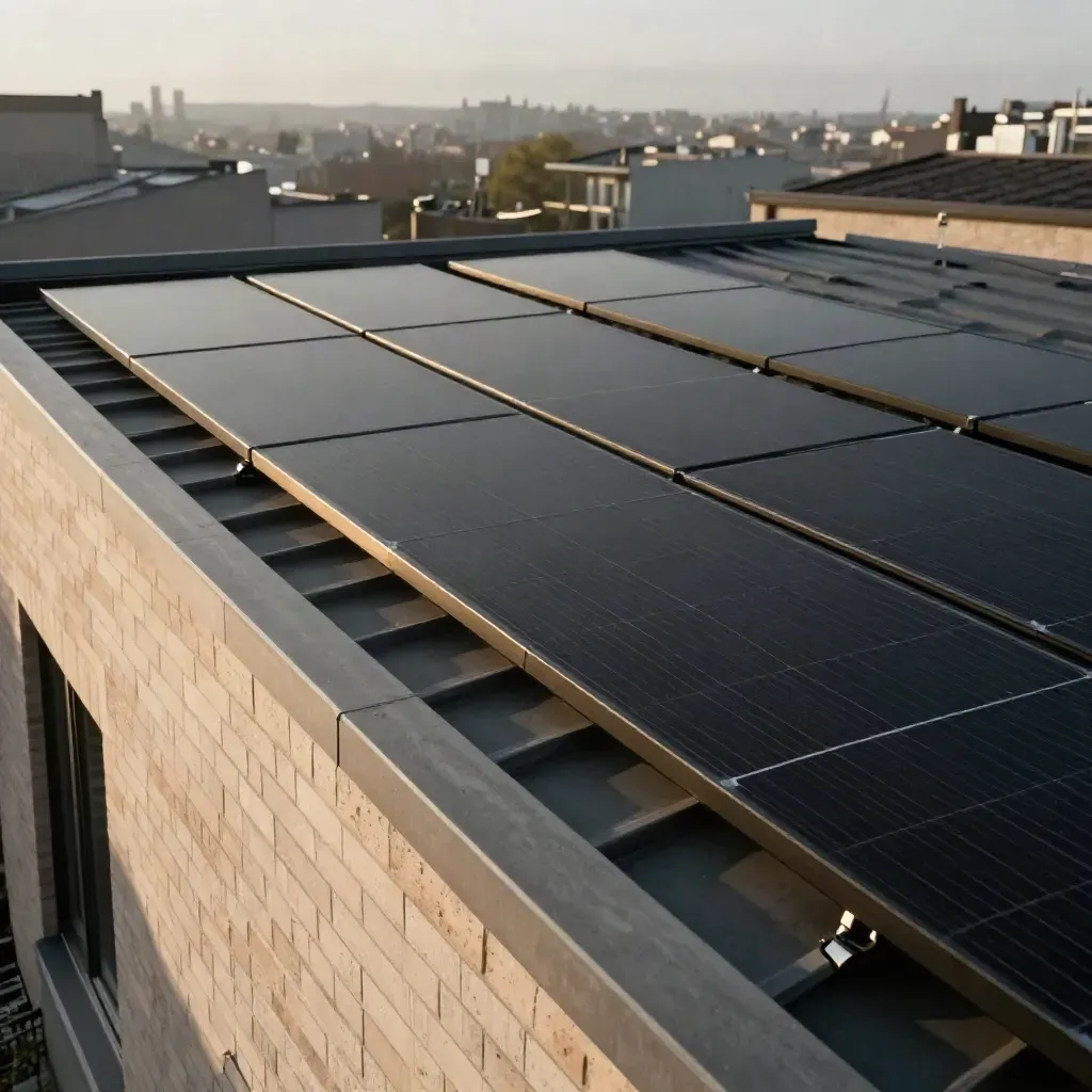 Modern townhouse roof with tightly aligned black solar panels and gray parapets