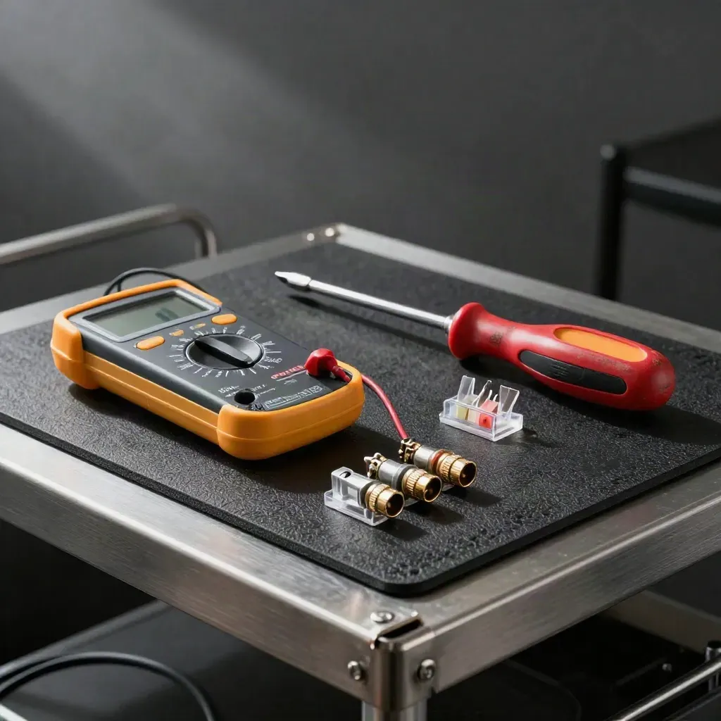 Solar service tools arranged on a rubber mat in soft daylight, seen in a clean utility-room still life.