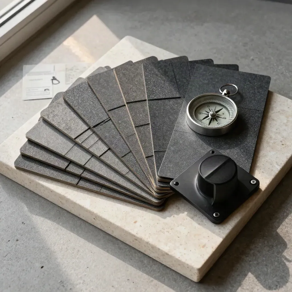 Overhead flatlay of roof shingle samples, compass, and mounting foot on stone