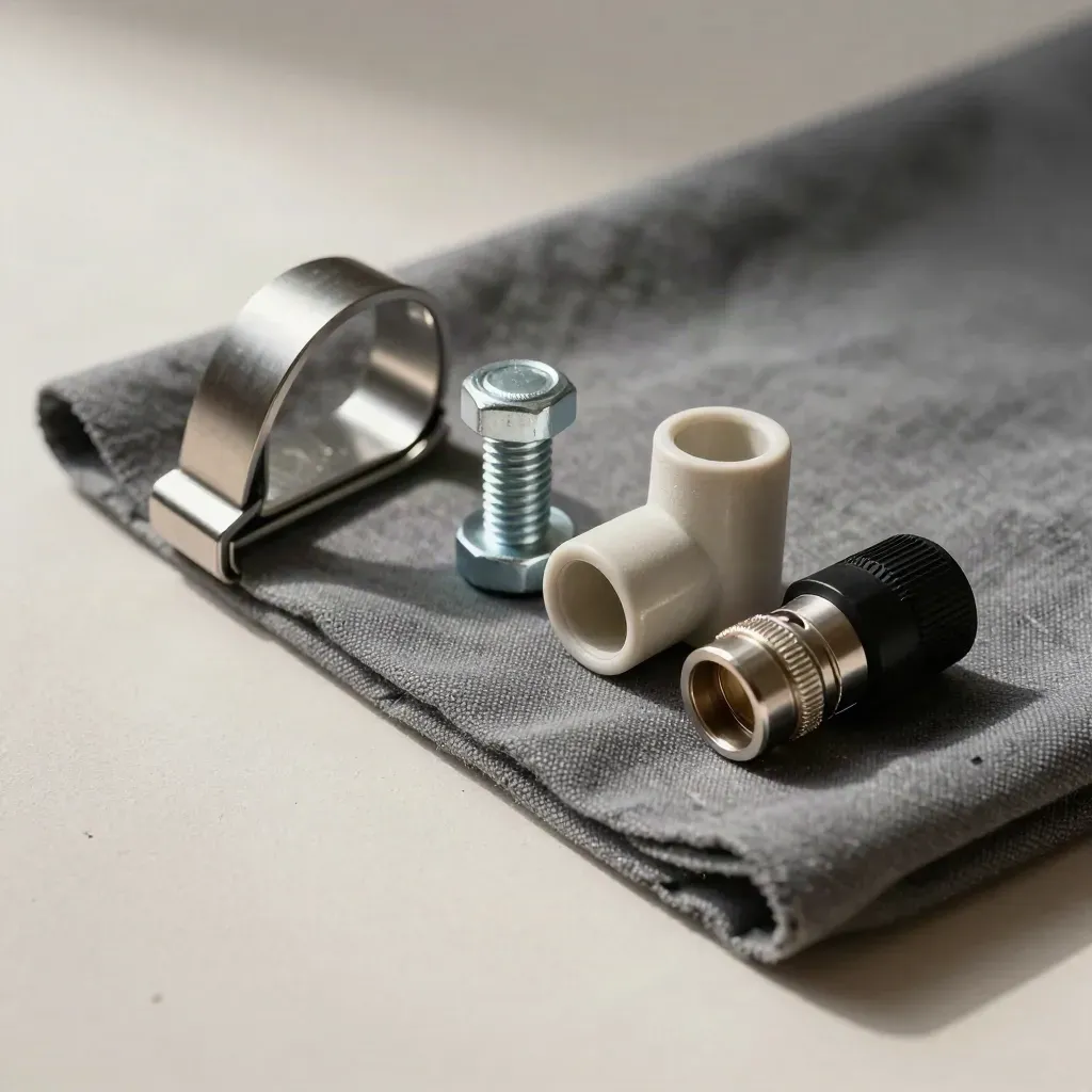 Solar install hardware arranged on a folded cloth with soft light and clean neutral tones.