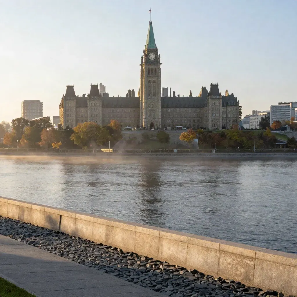 Parliament Hill over the Ottawa River at dawn, misty autumn trees and calm water below.