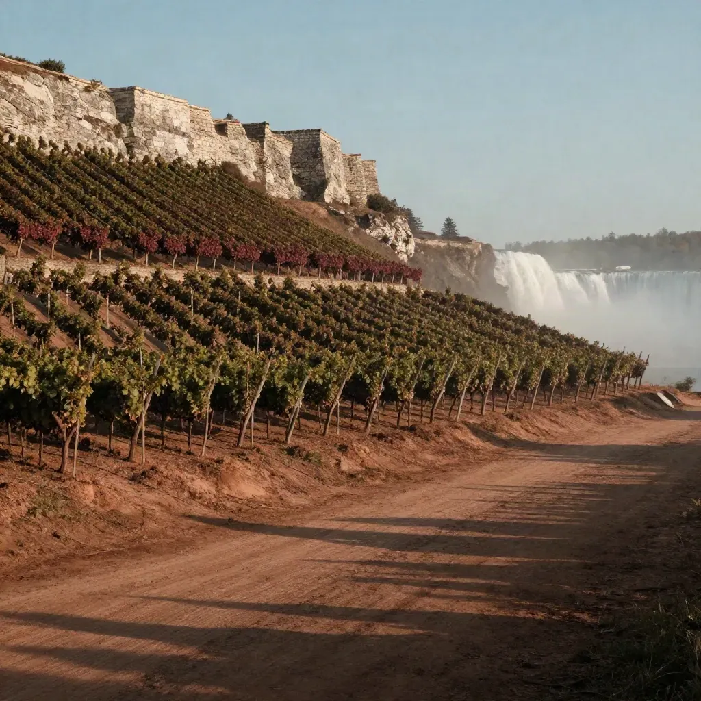 Niagara escarpment vineyard rows, stone bluff, and waterfall mist over a calm hillside.