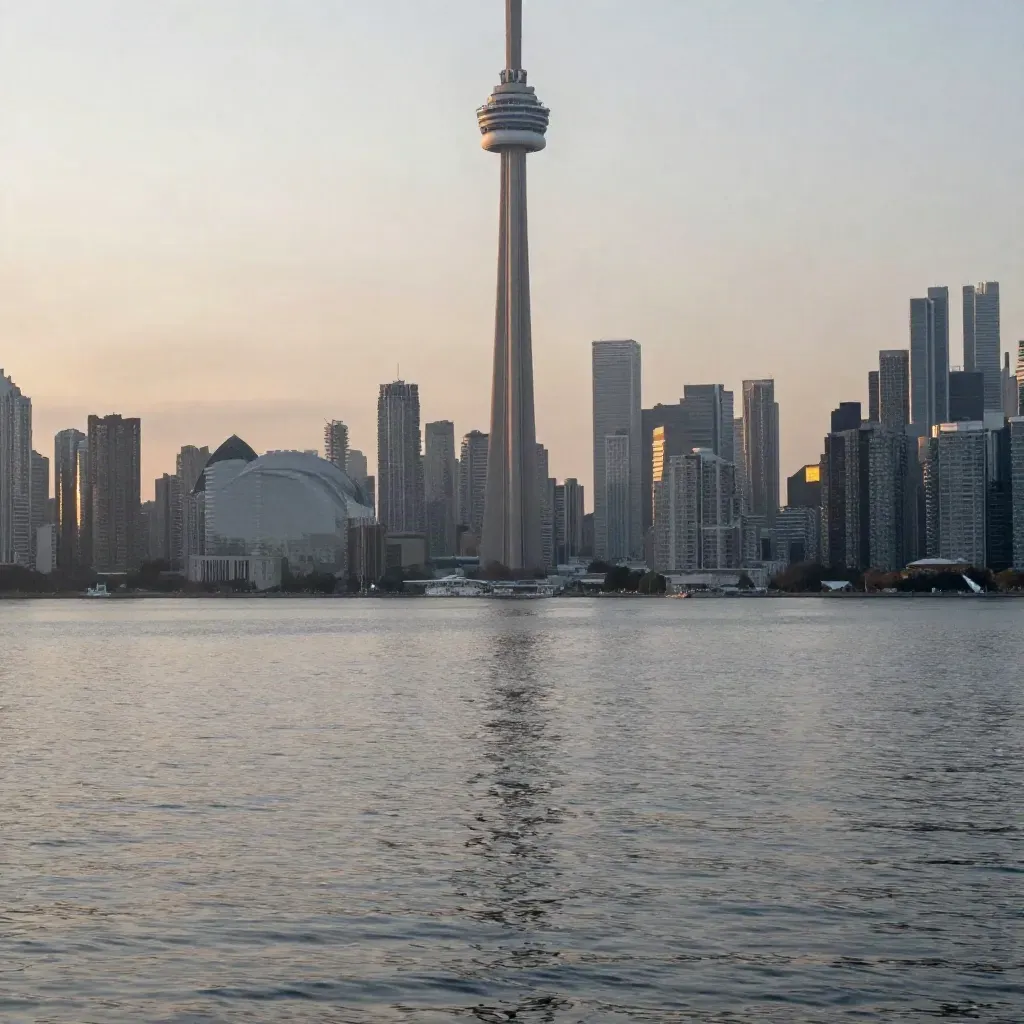 Toronto skyline and CN Tower above calm Lake Ontario in golden haze.