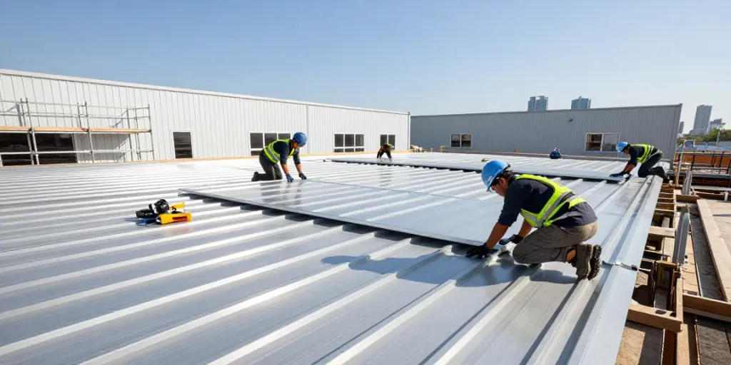 Commercial Metal Roofing installation in progress with workers and tools at a construction site.