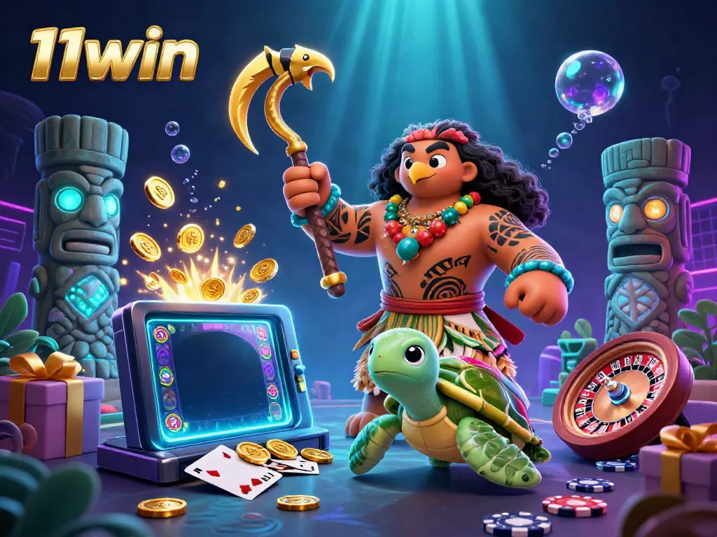 Experience the thrill of gaming at 11win with a vibrant 3D cartoon of a demigod hawk and turtle beside exciting casino elements.