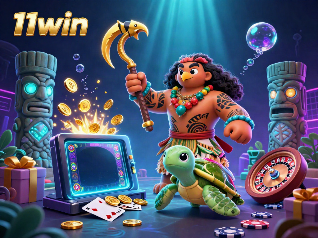 Experience the thrill of gaming at 11win with a vibrant 3D cartoon of a demigod hawk and turtle beside exciting casino elements.