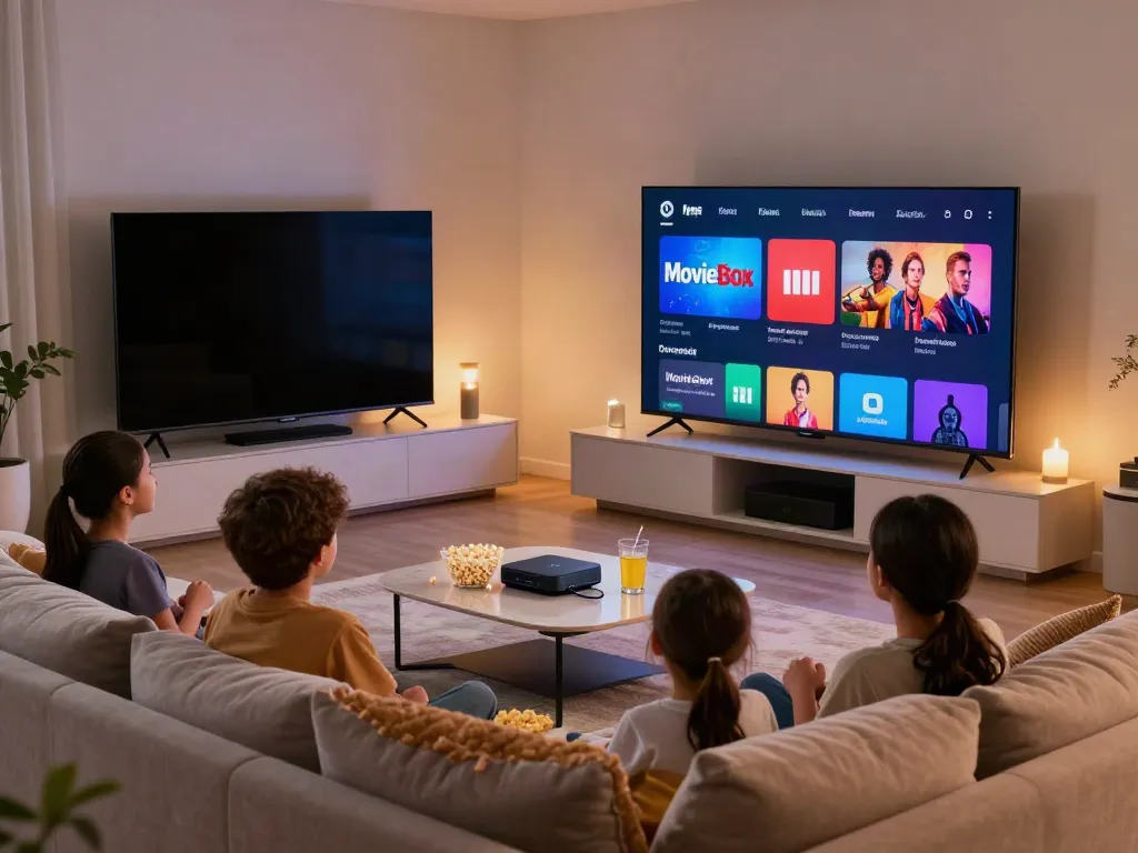 Family enjoying movie night using MovieBox download on a smart TV.