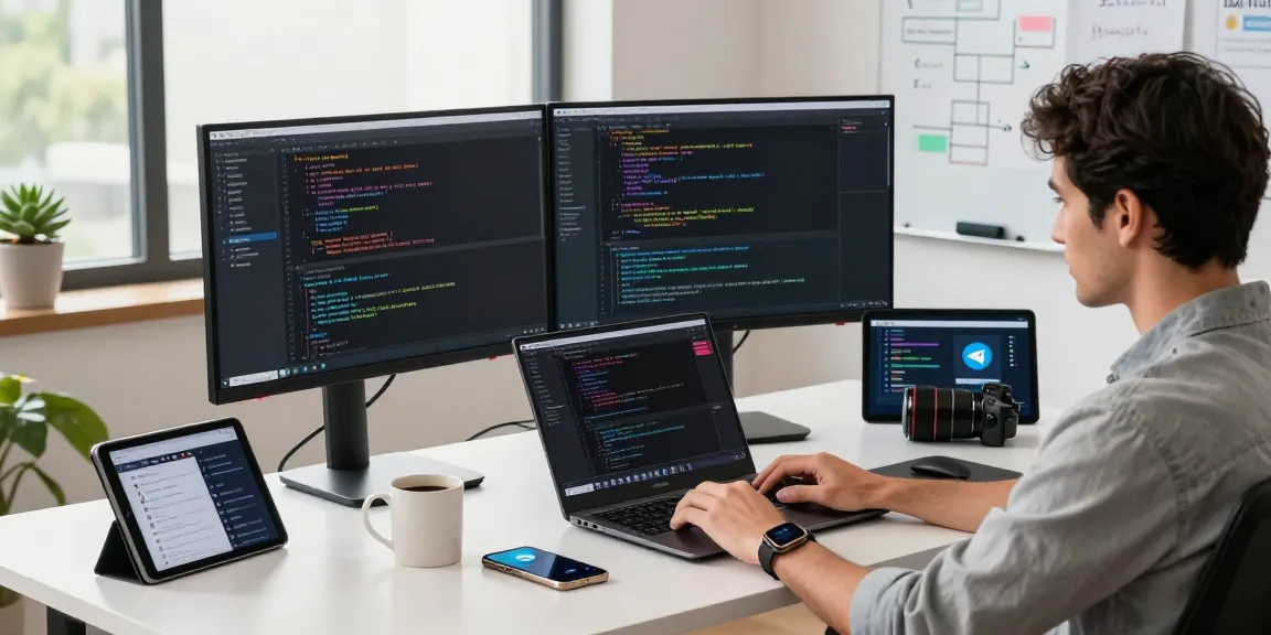 Developer coding with Telegram download notifications in modern workspace.